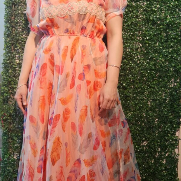 Elegant Abstract Print Feather Party Gown