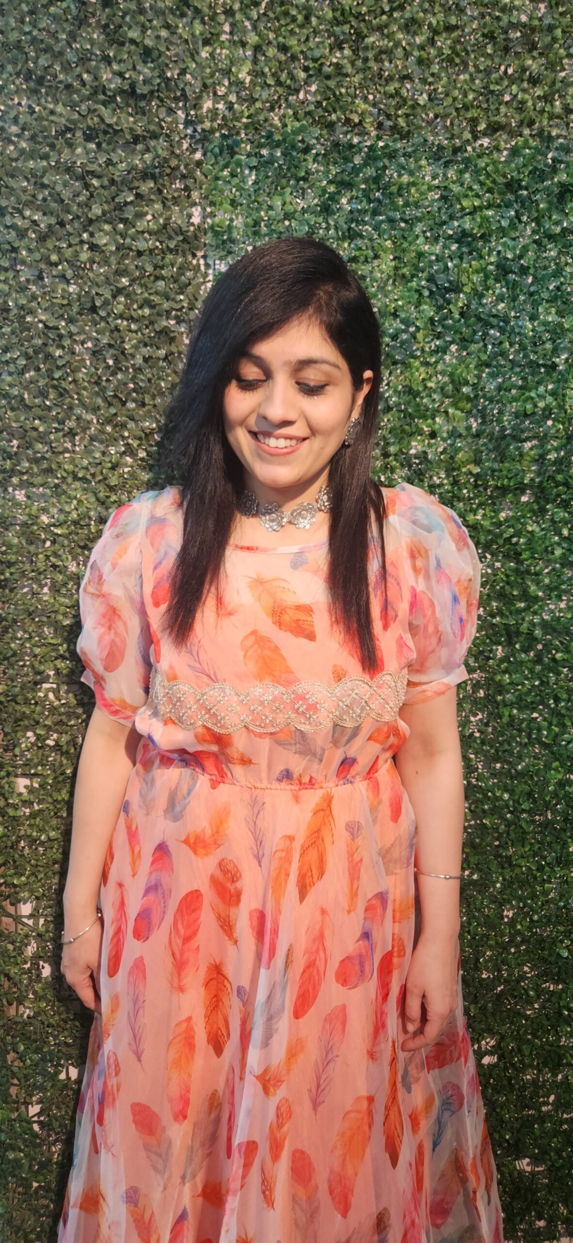 Elegant Abstract Print Feather Party Gown