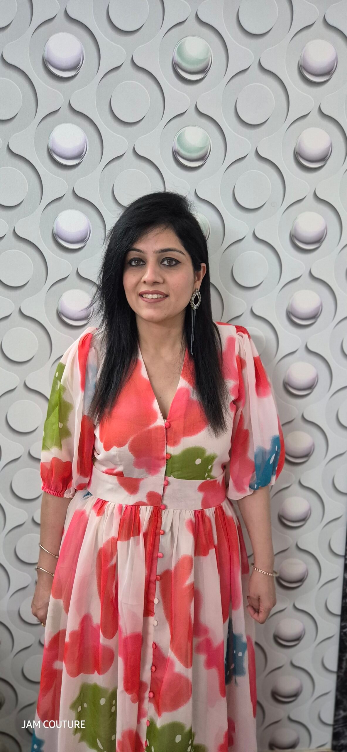 Red & Blue Abstract Print Chiffon Cocktail Dress