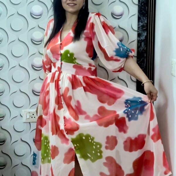 Red & Blue Abstract Print Chiffon Cocktail Dress