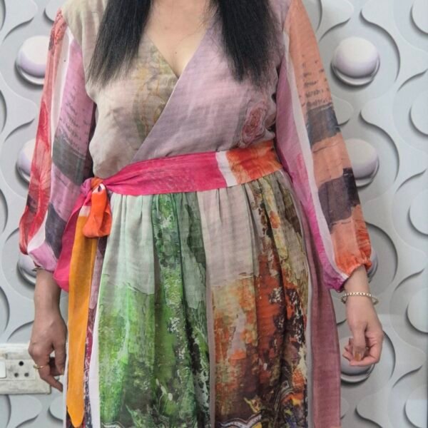 Angrakha-Style Abstract Print Chiffon Cocktail Dress