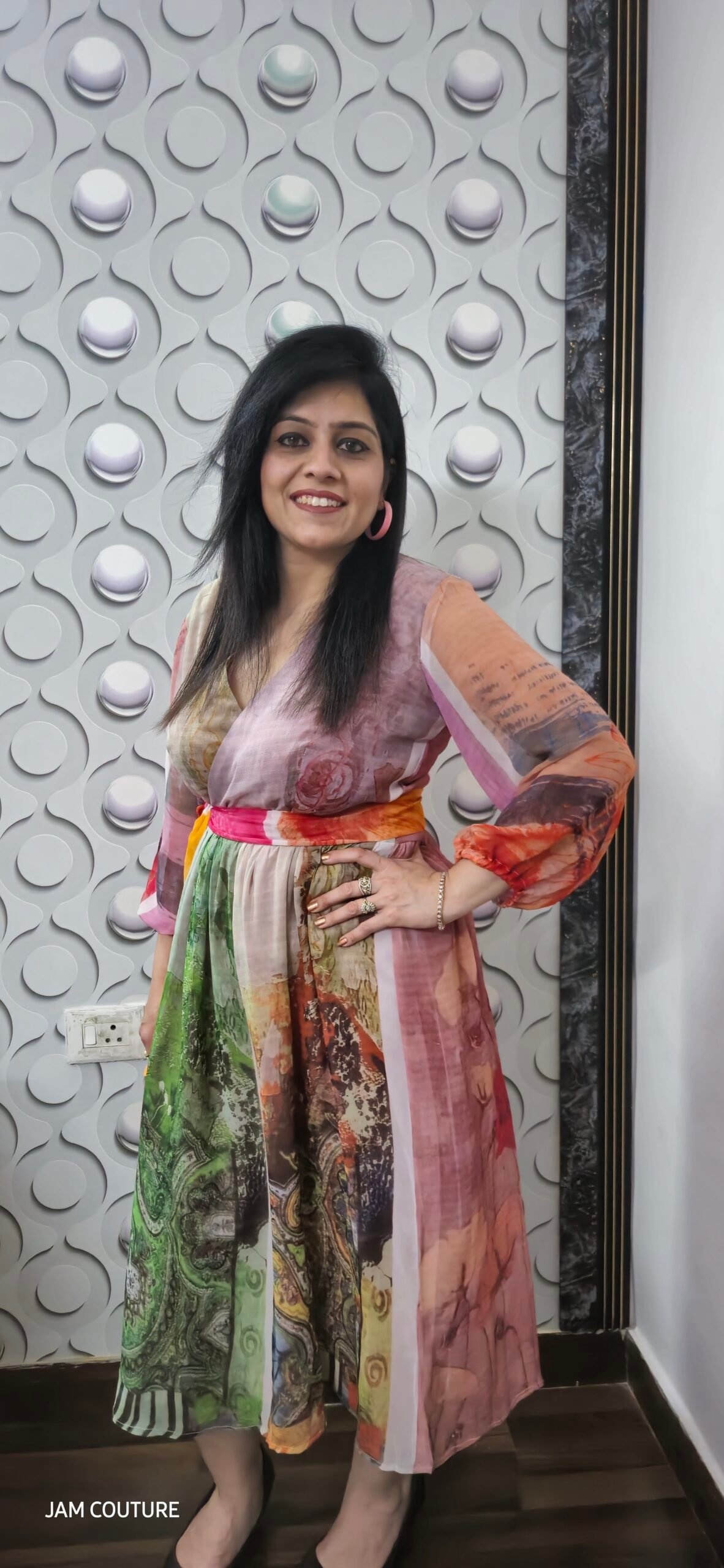 Angrakha-Style Abstract Print Chiffon Cocktail Dress