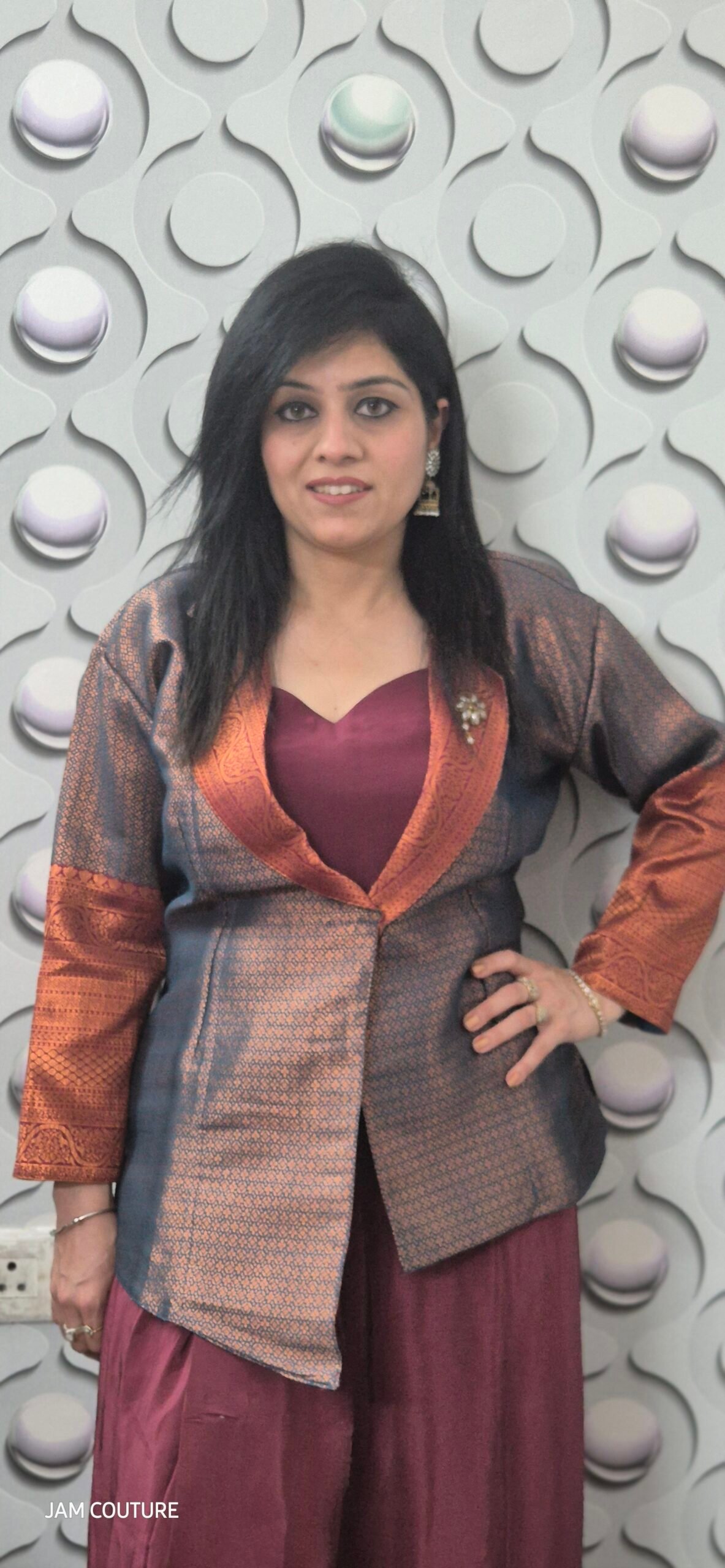 Regal 3-Piece Party Wear Set – Peacock Blue Banarasi Brocade Blazer Set