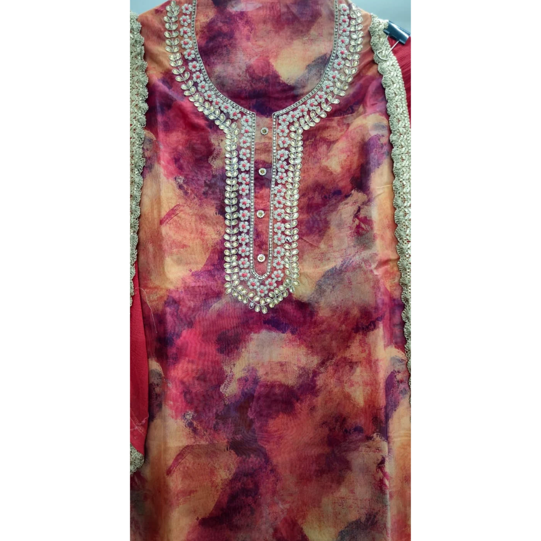 Luxurious Soft Organza Unstitched Suit In Red Abstract Color