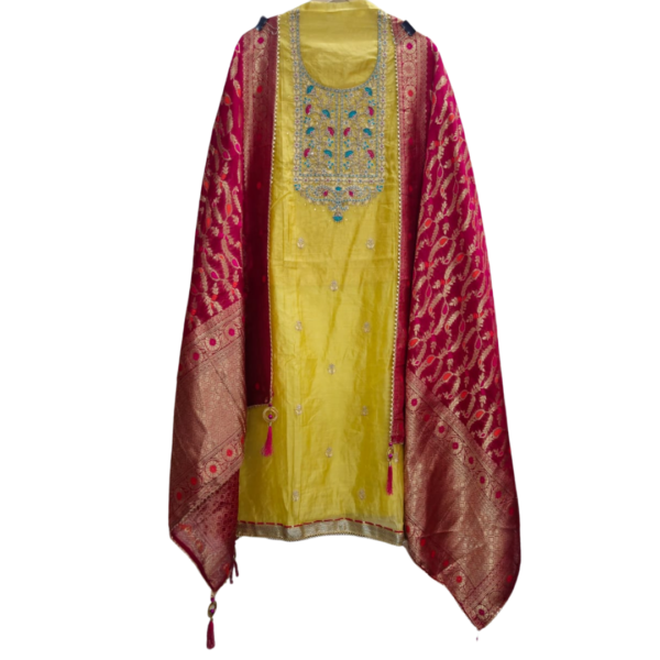 Radiant Yellow & Red Chanderi Silk Embroidered Unstitched Suit