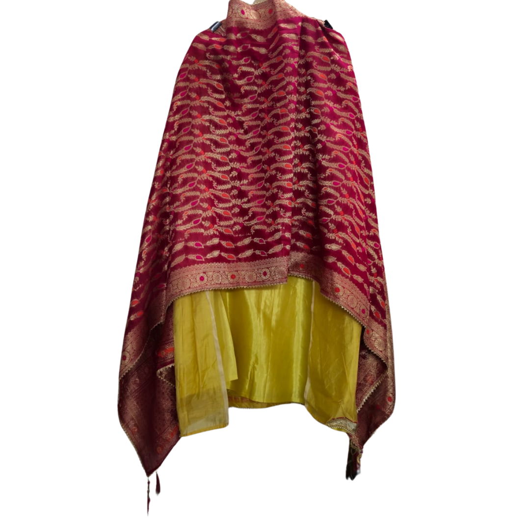 Radiant Yellow & Red Chanderi Silk Embroidered Unstitched Suit