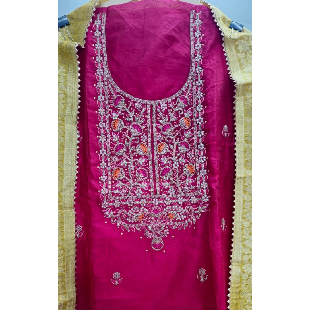 Red Chanderi Silk Embroidered Unstitched Suit