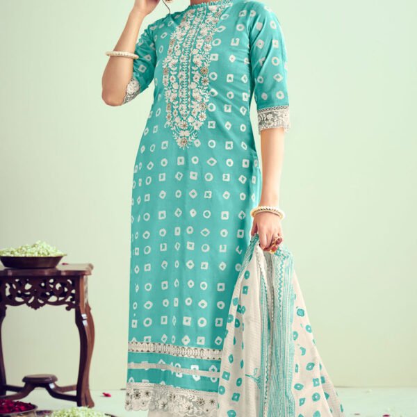 Cyan Color Cotton Embroidered Suit