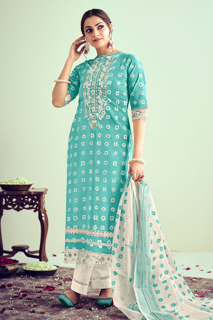 Cyan Color Cotton Embroidered Suit