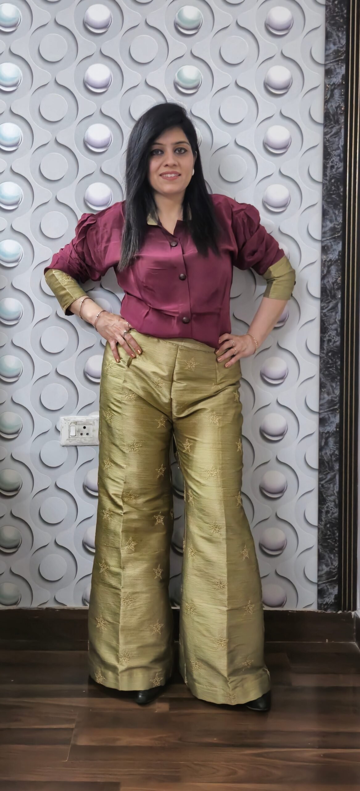 Golden Brocade Party Pants & Wine Crepe Shirt