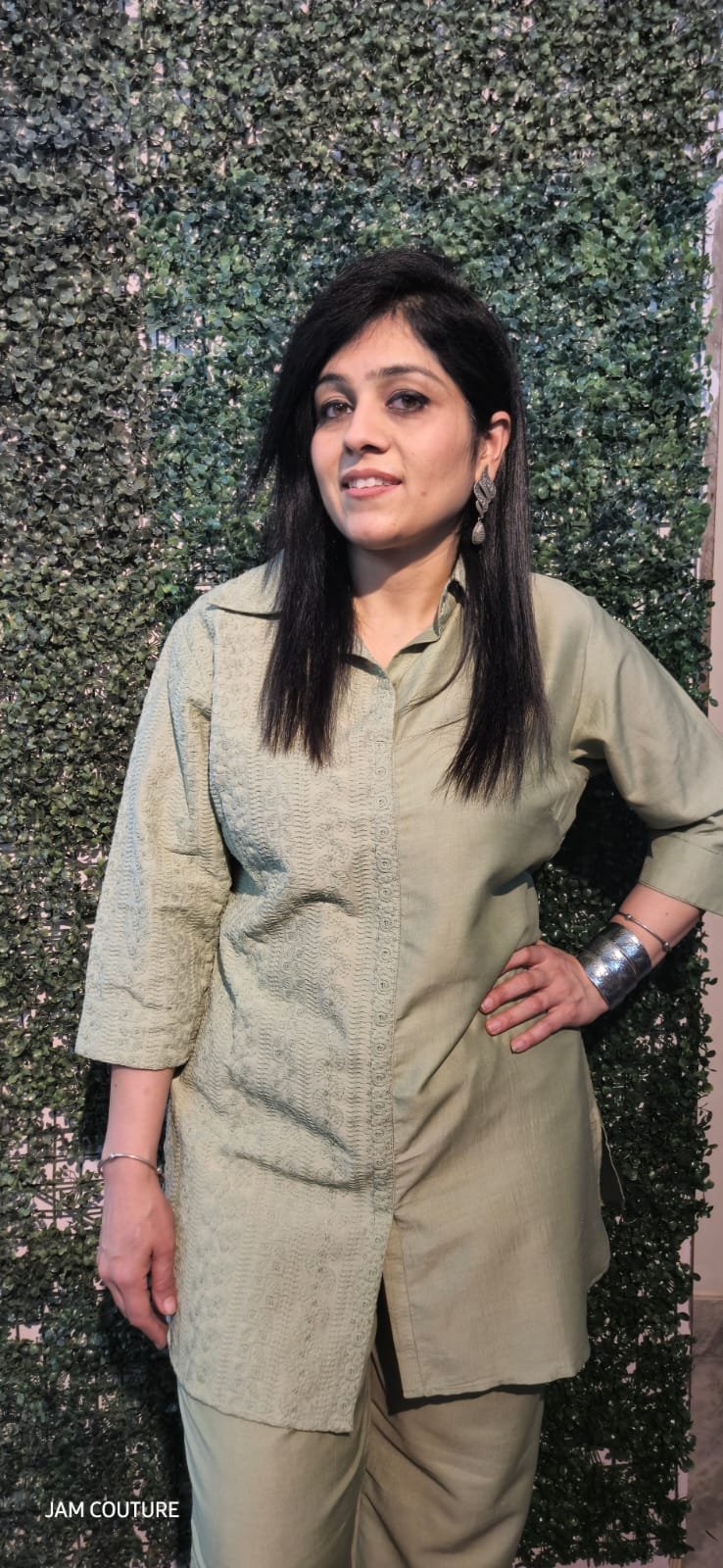 Green Cotton Chikan-Kari Co-Ord Set