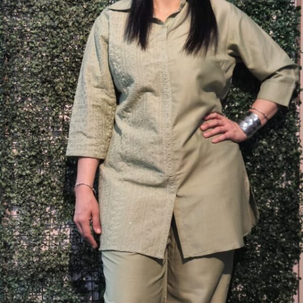 Green Cotton Chikan-Kari Co-Ord Set