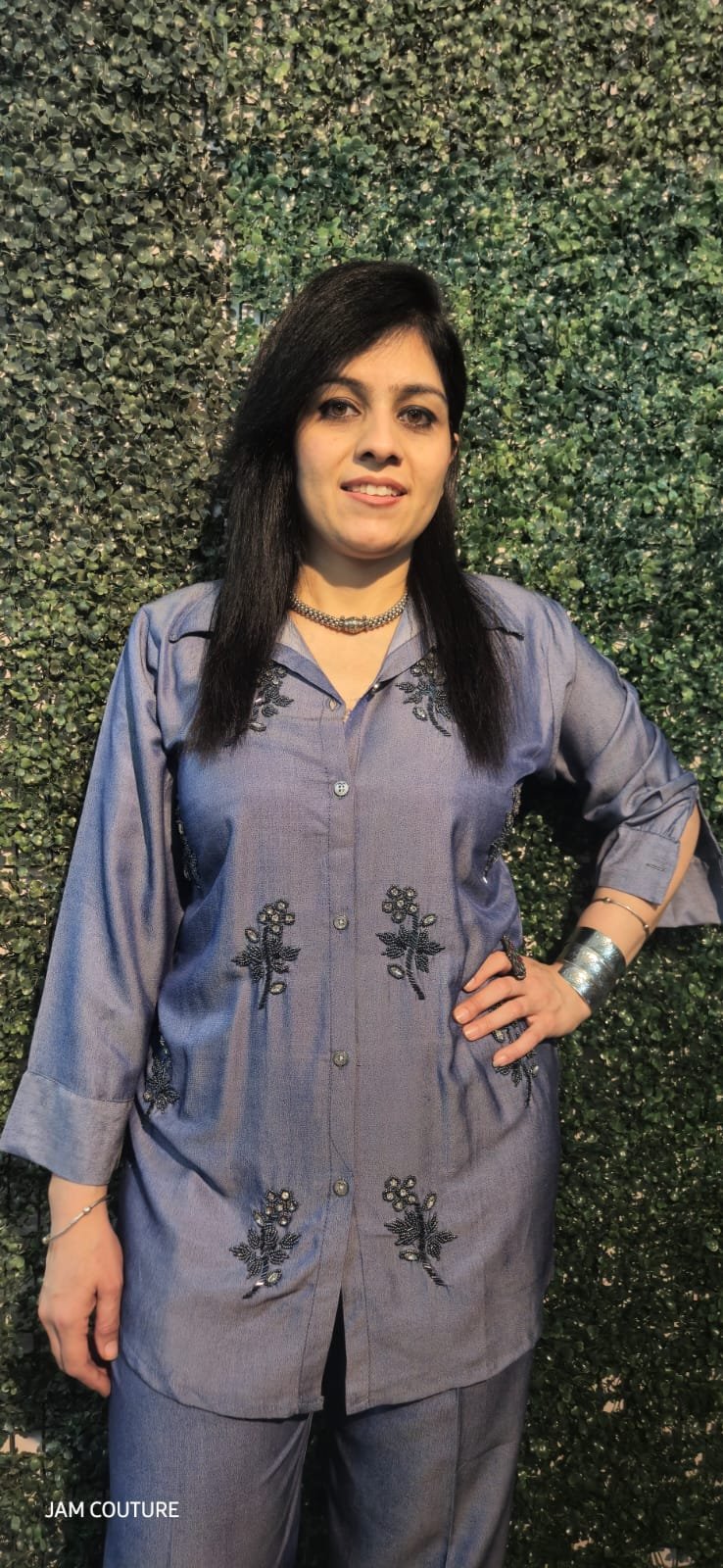 Timeless Charm – Denim Blue Motifs Work Co-Ord