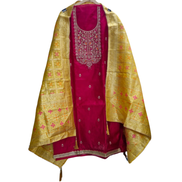 Red Chanderi Silk Embroidered Unstitched Suit