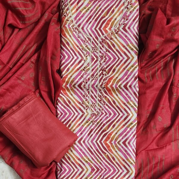 Red Abstract Print Unstitched Cambric Cotton Suit