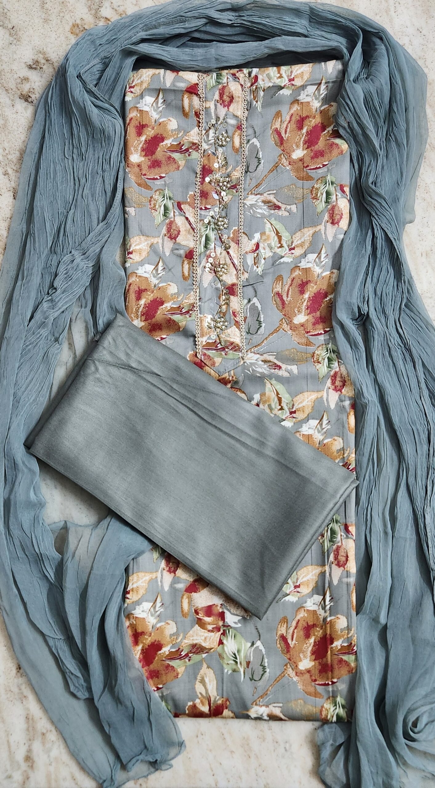 Unstitched Cambric Cotton Suit Embroidered Neck