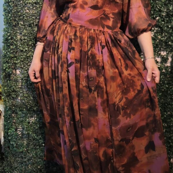 Celestial Hues – Gold Lavender Abstract Flair Party Gown