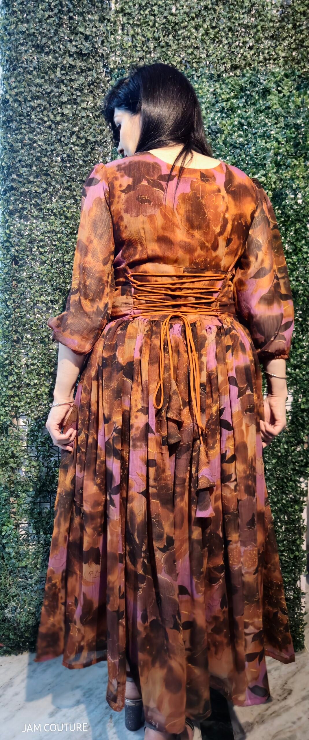 Celestial Hues – Gold Lavender Abstract Flair Party Gown